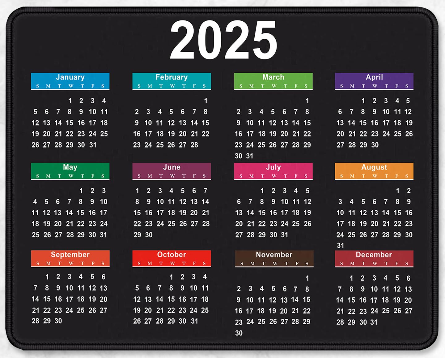 2025 Calendar Rectangular Stitched Edge Office Computer Mouse Pad, Anti Slip Rubber Desktop Gaming Mouse Pad (Black Calendar)