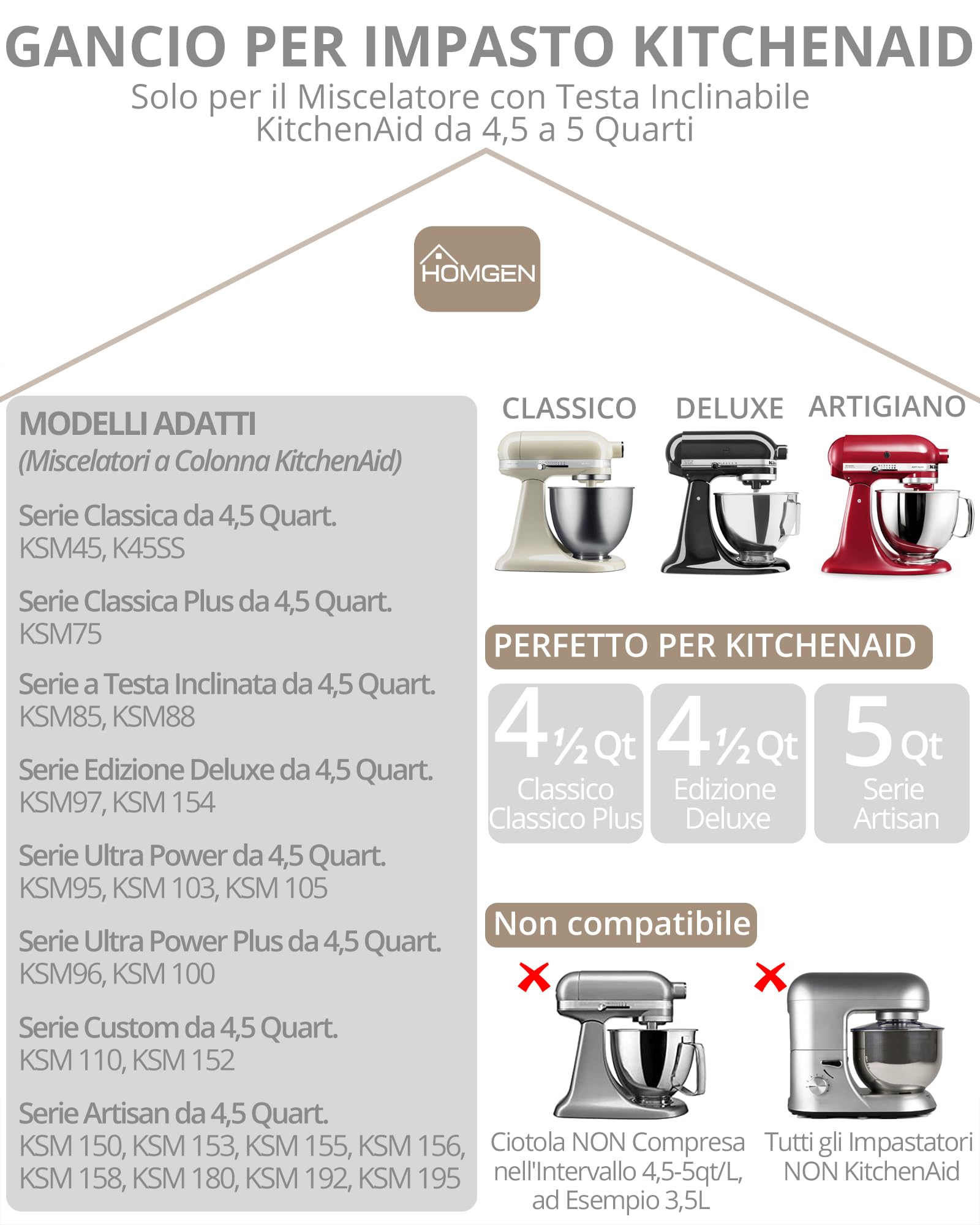 HOMGEN Gancio per Impasto per Impastatrice KitchenAid Miscelatore Fit 4,5-5 Qt Kitchenaid Accessori Gancio in Acciaio Inox Spirale Gancio Pasta Accessorio per KitchenAid Stand Mixer KSM150 K45DH