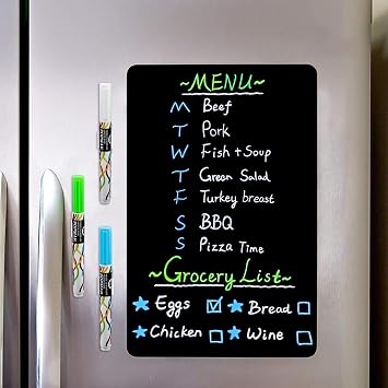 CUHIOY Magnetic Black Dry Erase Board for Fridge 12x8, Small Magnetic Refrigerator Chalkboard - Easy to Clean Surface, Fridge Grocery List Magnet Whiteboard, 3 Markers pens and Eraser