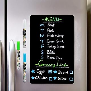 CUHIOY Magnetic Dry Erase Black Board Sheet for Fridge 12x8''- Magnetic Chalkboard for Refrigerator with Stain Free Easy Clean Surface - 3 Chalk Markers & Eraser - Kitchen Grocery List Magnet Board