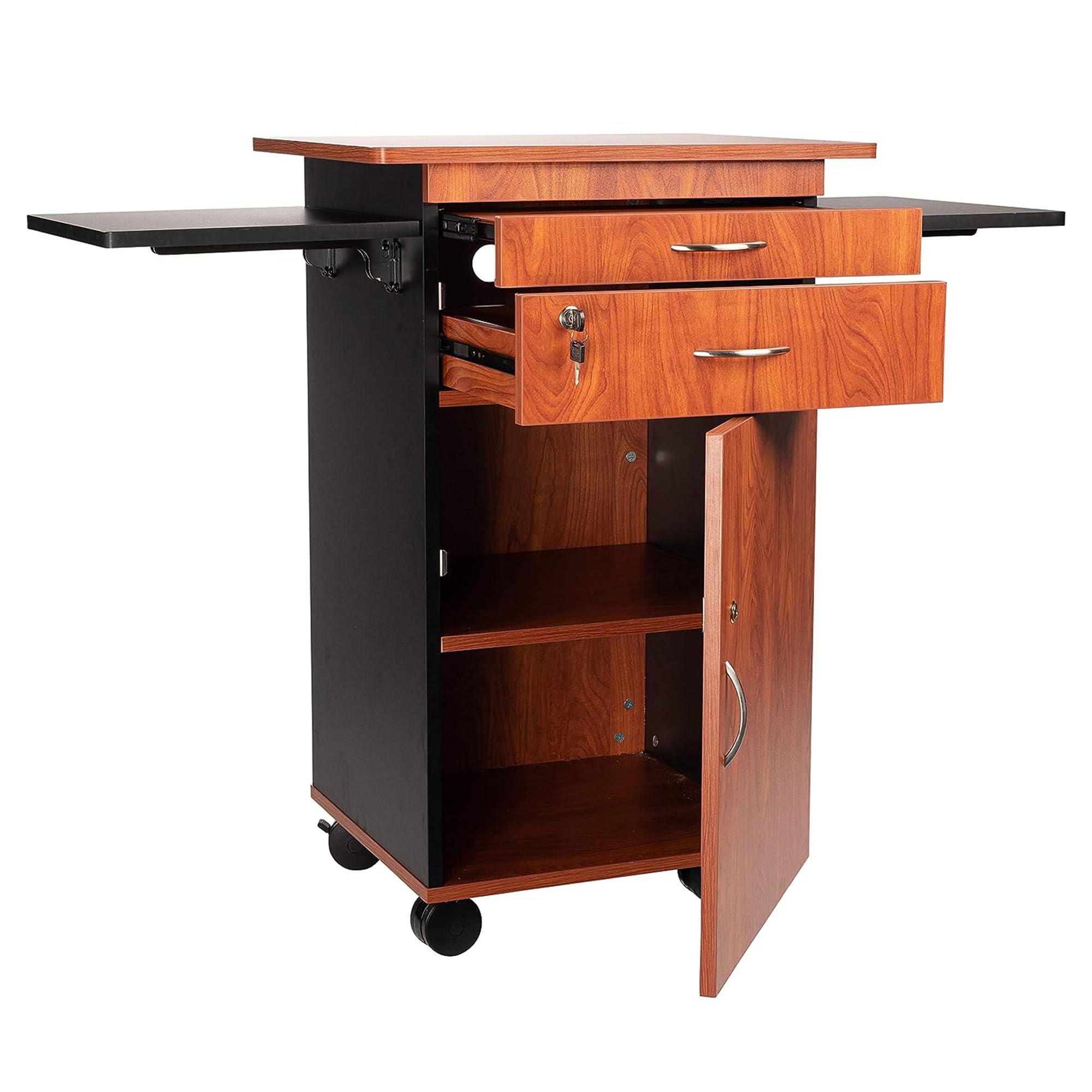 Oklahoma Sound Rolling Portable Multimedia Presentation Cart Stand with Wheels, Dual Flip-Up Side Shelves, Lockable Storage, Cherry/Black