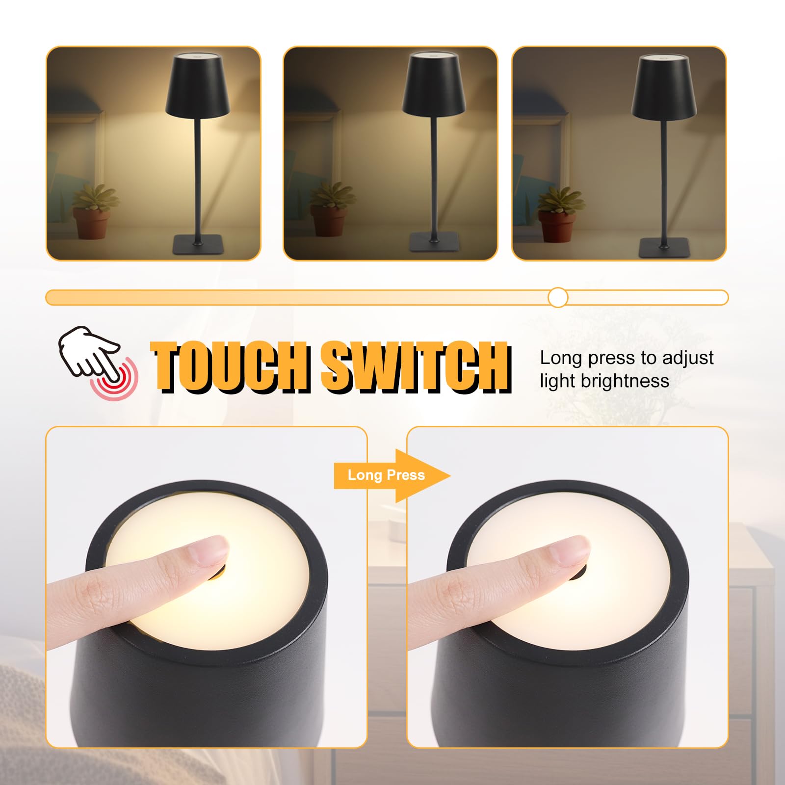 EXTRASTAR Rechargeable Table Lamp, Cordless Lamp 3 Color Dimmable, Metal Touch Bedside Lamp for Living Room Bedroom Office Study-Black - Image 3