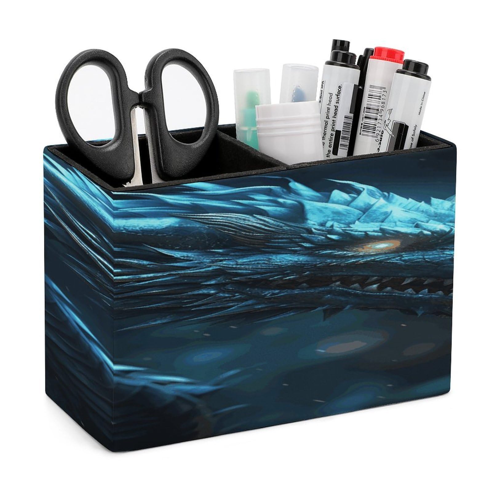 JTREHY Cyan Dragon Pencil Holder Exquisite Fashion Leather Pen Receptacle Soft High-End Pen Container for Office Home Accessories Or Housewarming Present