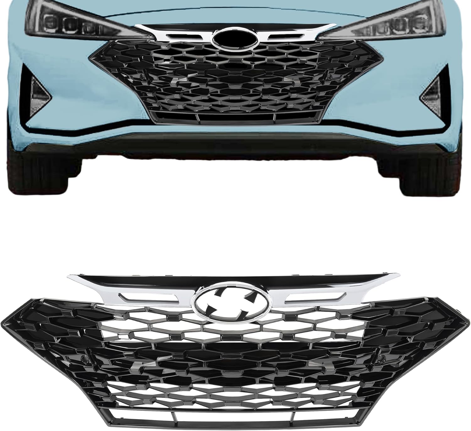 KUAFU Front Grill Compatible with 2019-2020 Hyundai Elantra Sport Sedan 86350F2NA0 HY1200246 Upper Bumper Grille Painted+Chrome Black&Silvery