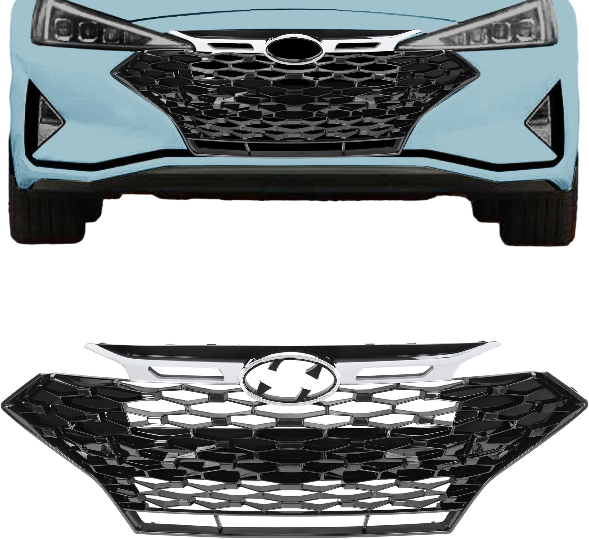 KUAFU Front Grill Compatible with 2019-2020 Hyundai Elantra Sport Sedan 86350F2NA0 HY1200246 Upper Bumper Grille Painted+Chrome Black&Silvery