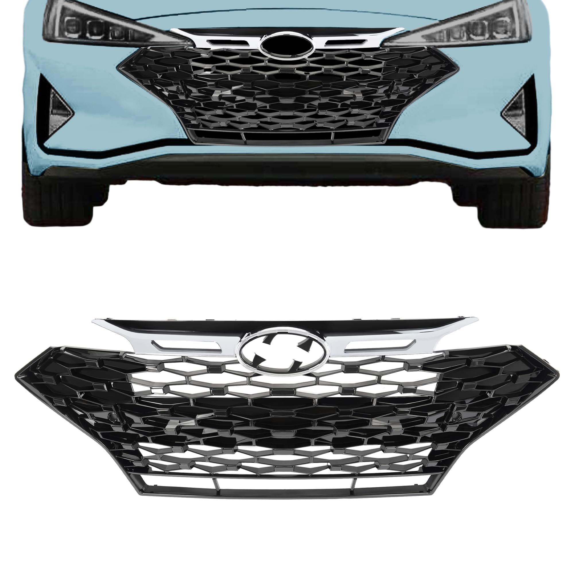 KUAFU Front Grill Compatible with 2019-2020 Hyundai Elantra Sport Sedan 86350F2NA0 HY1200246 Upper Bumper Grille Painted+Chrome Black&Silvery