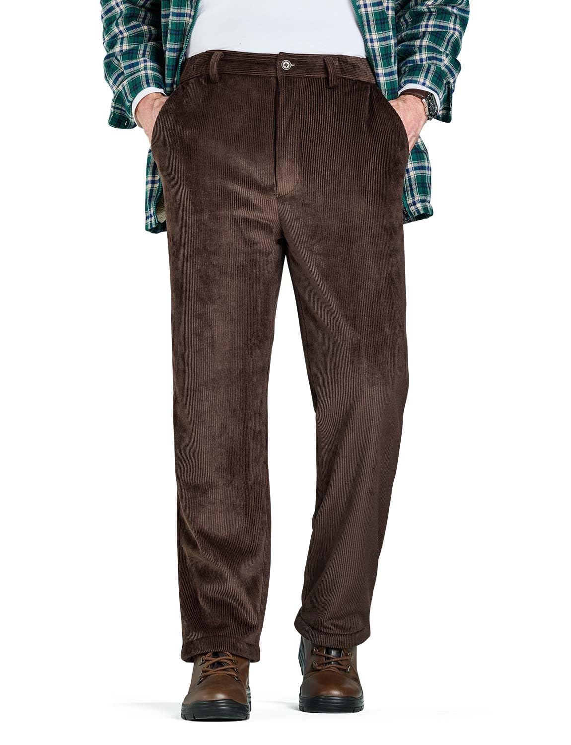 Pegasus Men's Brown Sherpa Lined Corduroy Trousers With Stretch Waist, 8 Wale Cord Thermal Pants With Button & Zip Fly 38W / 29L