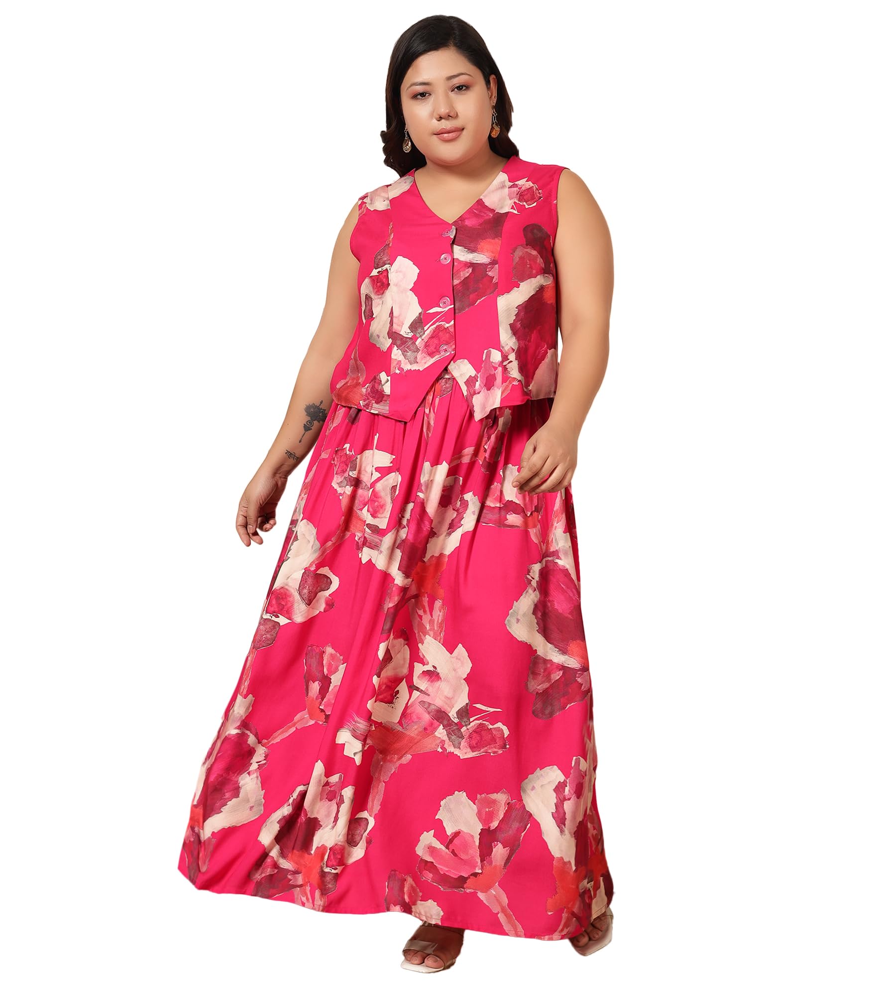 Women's Floral Rayon Ankle Length Waistcoat with Skirt|V-Neck|Sleeveless|Cord Set for Women Fashion|Long Jumpsuits Western Dress for Women Stylish|Two Piece Co ord Set|Casual Wear(Multicolor)