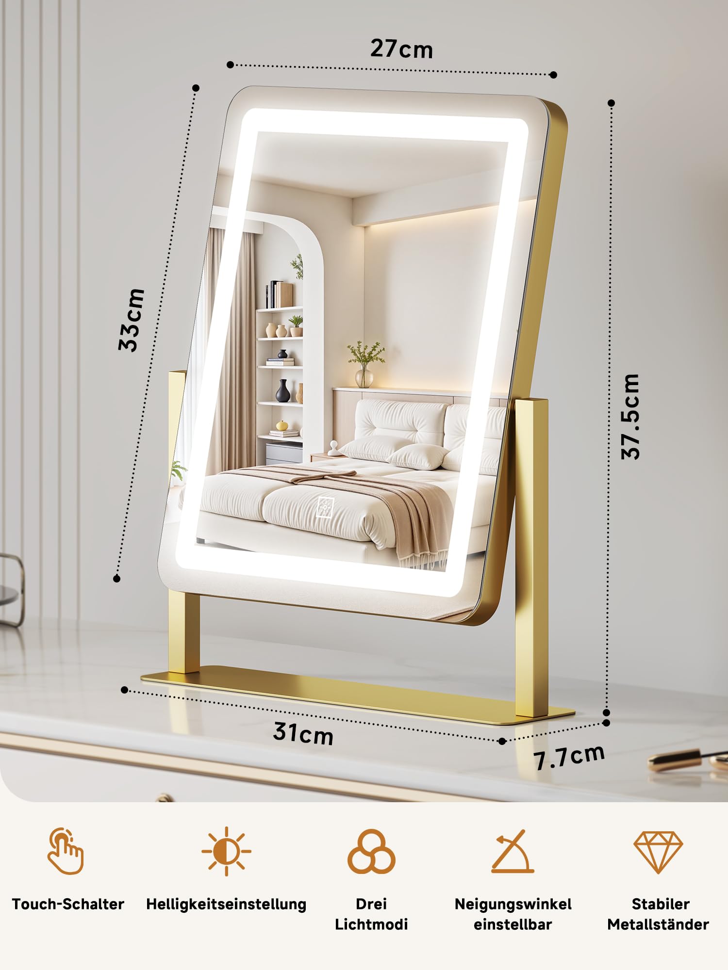 Schminkspiegel mit Beleuchtung Hollywood Spiegel, LED Schminktisch Kosmetikspiegel, Klein Tischspiegel 3 Modi Touch Dimmbar Make Up Vanity Mirror 31x37cm