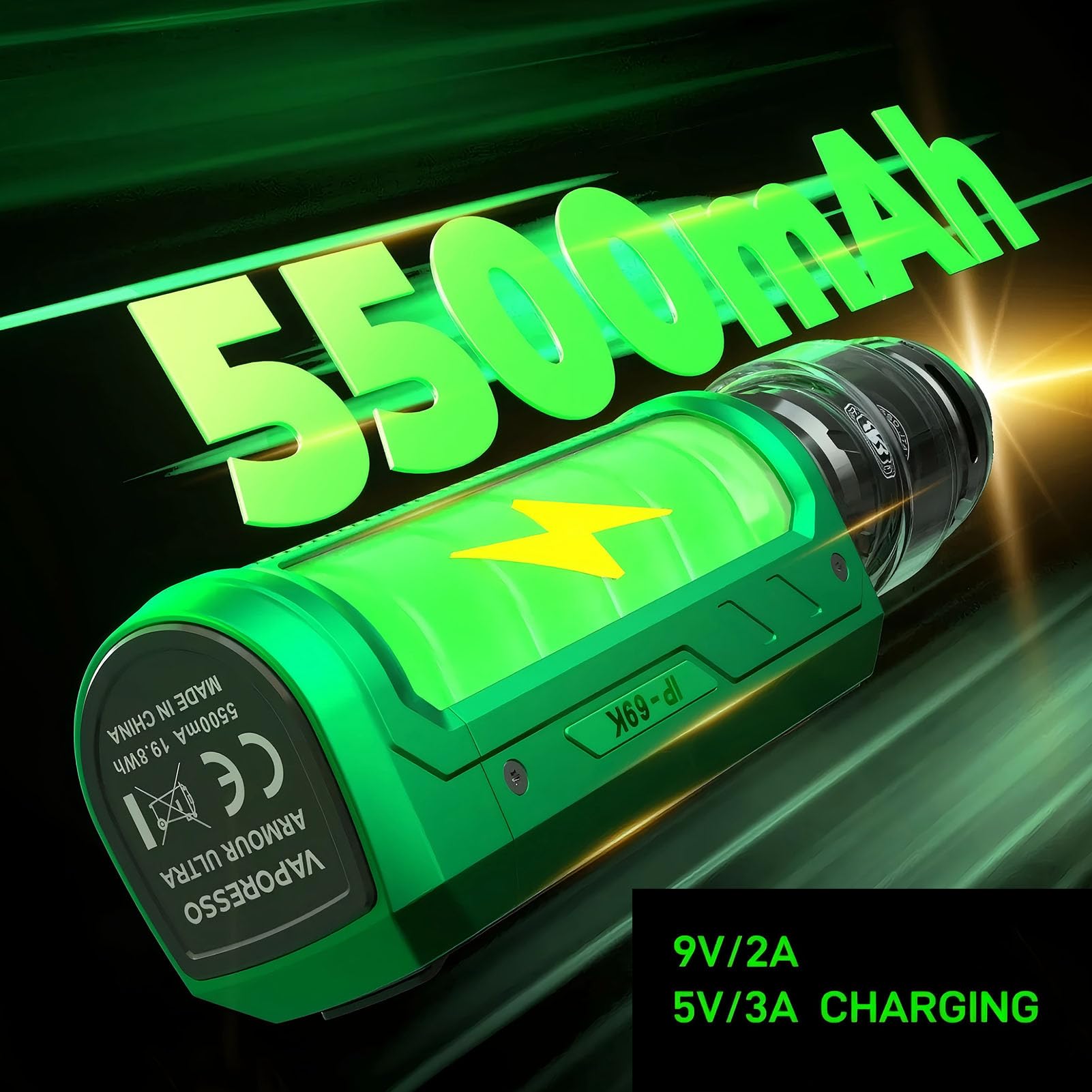 Vaporesso Armour Ultra Kit Built in 5500mAh Battery | 100W Tri-Proof Box MOD 510 thread | 6ml Slide-open Itank T (dual mesh coil) DTL Vaping (Obsidian Schwarz)