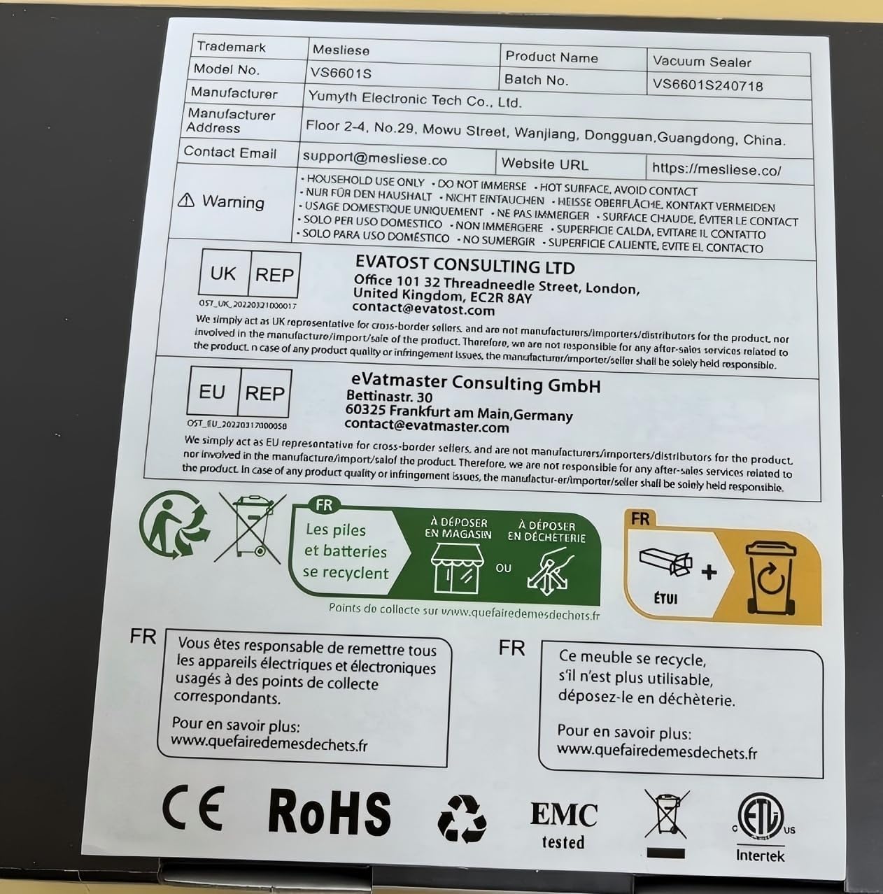 Underside of the Mesliese VS6601S Vacuum Sealer showing product labels and power input port.