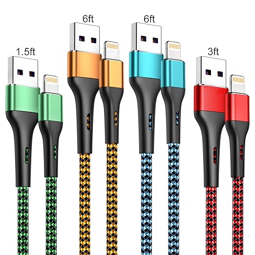iPhone Charger Cable 4Pack-1.5/3/6/6FT,Durcord iPhone Charger Cord MFi Certified Lightning Cable,Fast iPhone Charging Cord Nylon Braided Compatible iPhone 11/ XS/Max/XR/X/8/8P/7/7P/6/SE/iPad/iPod