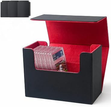Premium Graded Card Storage Box, PU Leather Case for PSA BGS Slabs, Toploader Holder for Trading & Sports Cards Fits 3 x 4 Rigid Cards Black&Red
