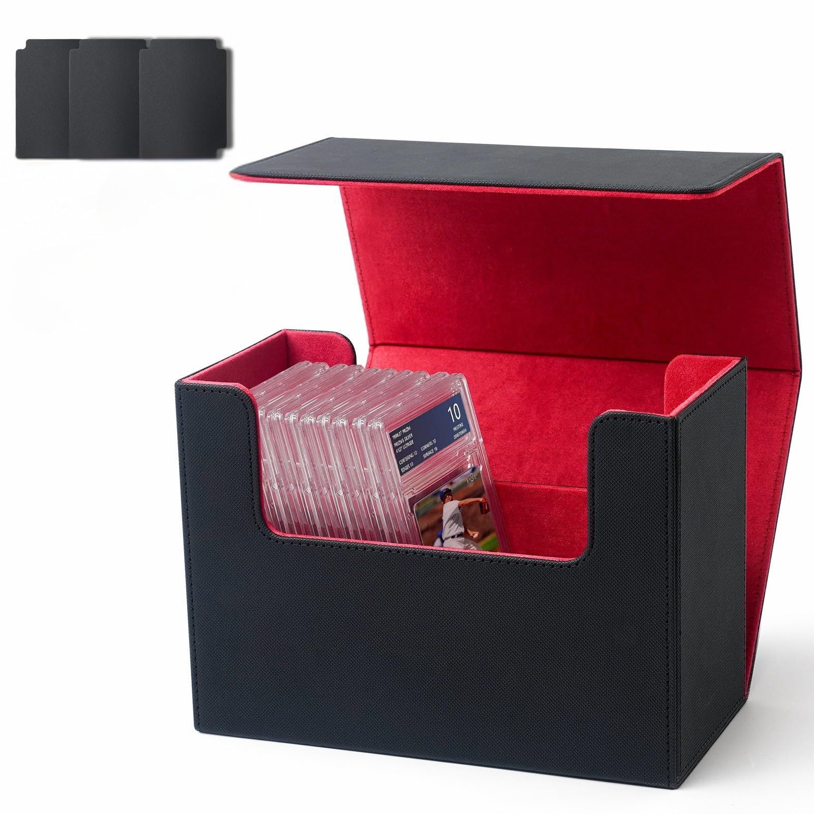 AWESOPAL Premium Graded Card Storage Box, PU Leather Case for PSA BGS Slabs, Toploader Holder for Trading & Sports Cards Fits 3” x 4” Rigid Cards (Black&Red)