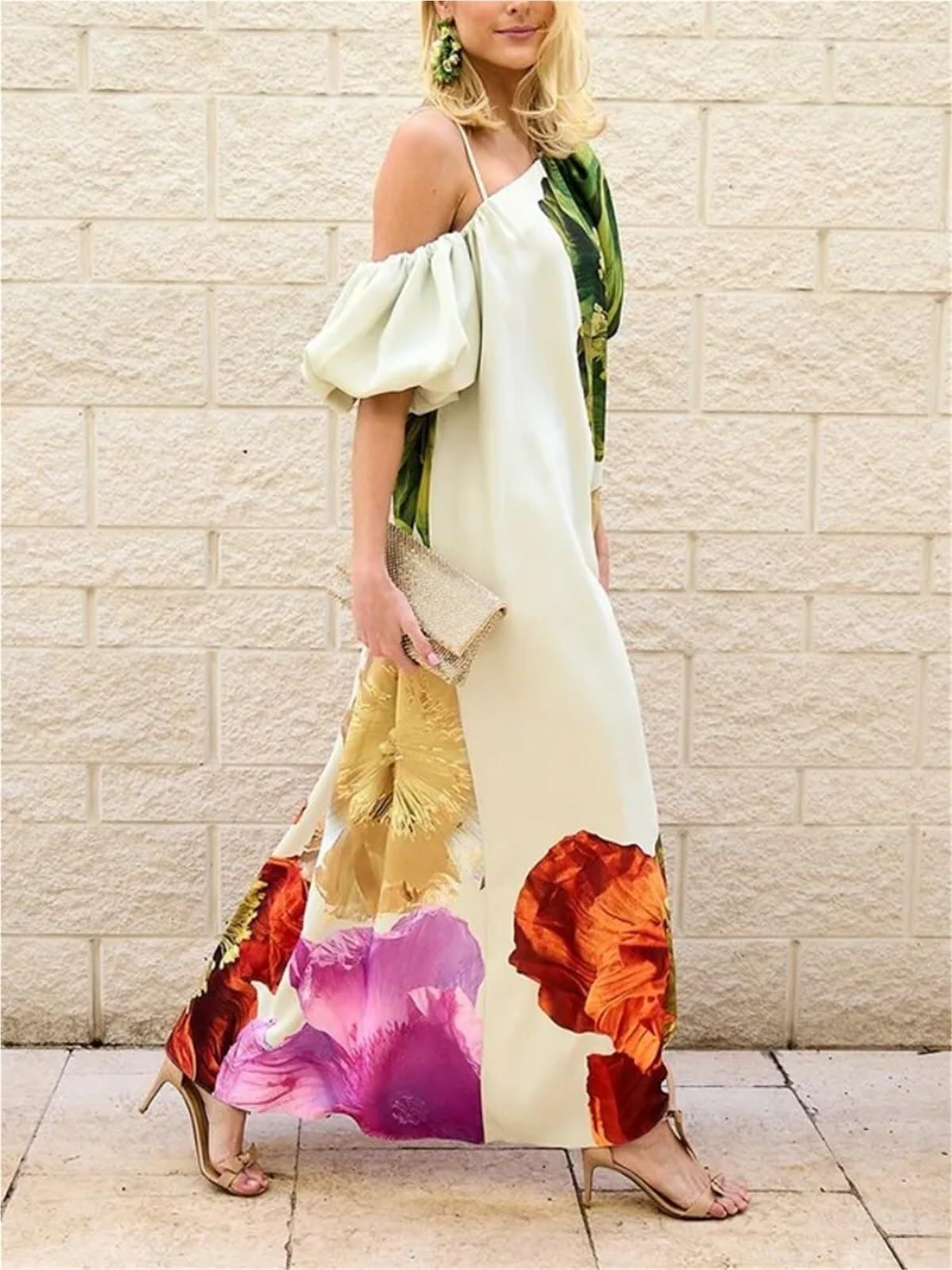 Vestido Playa Mujer Vestido Largo De Verano con Estampado Floral Un Solo Hombro, Elegante, for Fiesta, Noche, Vacaciones, Playa