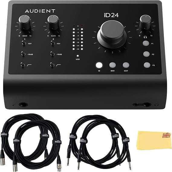 حزمة واجهة الصوت iD24 USB-C Audient مع 2 كابلات أجهزة ، 2 كابلات XLR ، وقطعة قماش تلميع أوستن بازار