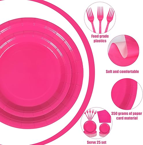 Miniatura 3 de Juego de 100 platos y servilletas de papel de color rosa intenso, vajilla de fiesta rosa intenso, platos desechables y servilletas para bodas,