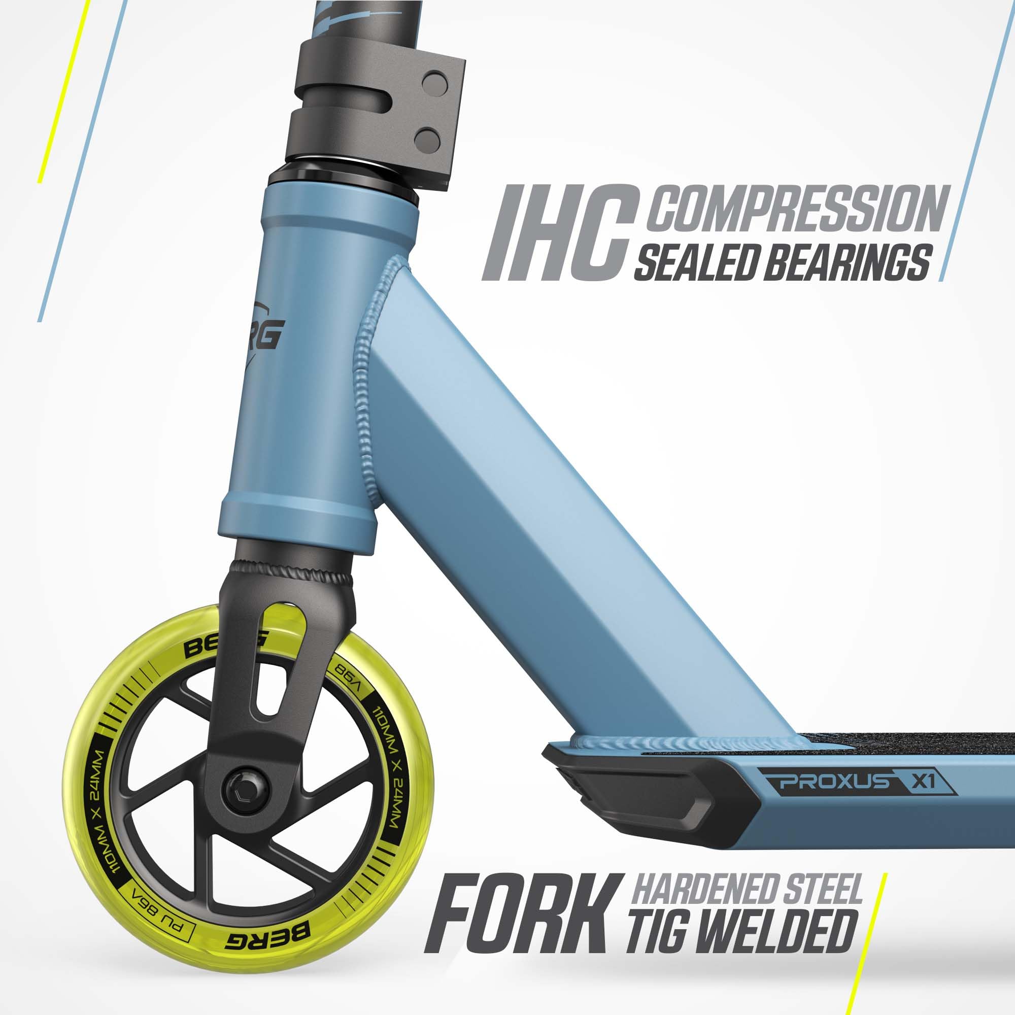 BERG Proxus X1 Monopattino per bambini | Freestyle Scooter per skatepark e strada | ponte in alluminio 500 mm | ruote da 110 mm | cuscinetti ABEC 9 | Compressione IHC | Leggero e stabile (blu)