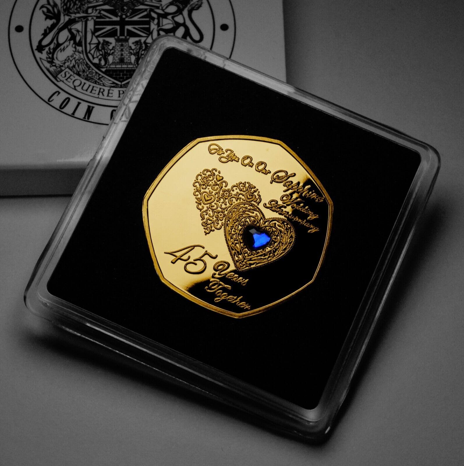 The Commemorative Coin Company Gold Our 45Th Sapphire Wedding Anniversary 24Ct Commemorative In Gift Case. Sapphire Diamante Gemstone. Gift/Present/Husband/Wife. Forty-Five 45 Years Together.