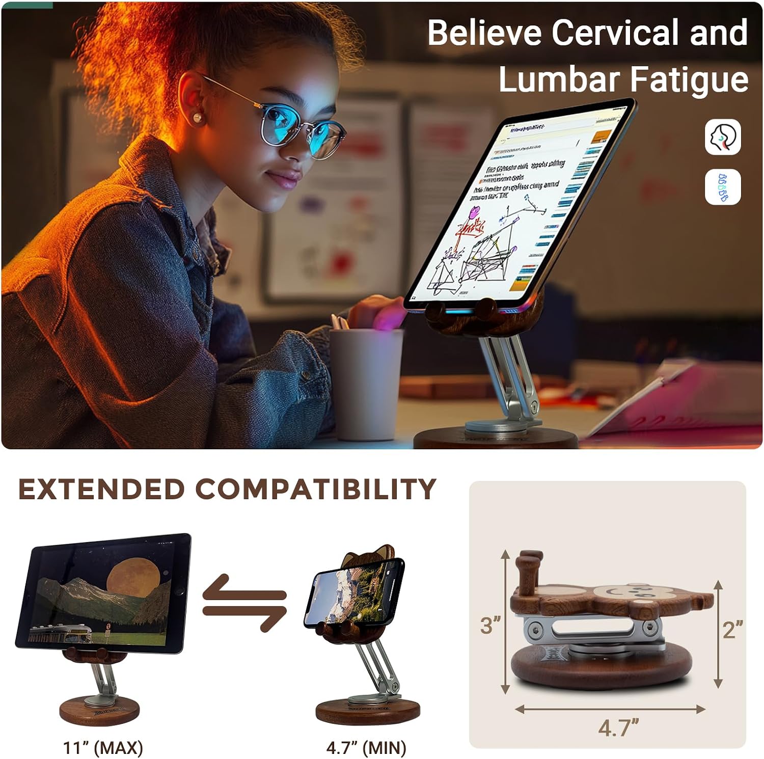 Cartoon Phone Stand with 360° Rotation, Adjustable Cute Desk Organizer for Home Office, Warm Decor Accessories, Wooden Tablet Holder (Monkey)