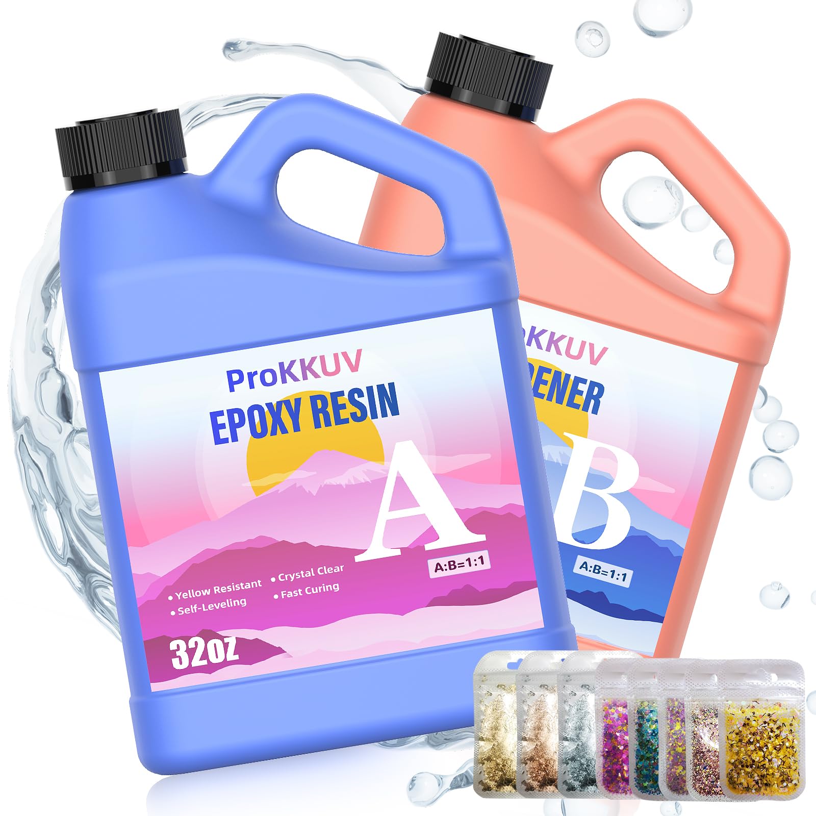 Epoxy Resin Kit, 64OZ Crystal Clear Resin Epoxy, Bubble Free, No Yellowing, UV Resistant, Food Safe with Foil Flakes, Sequin, Easy Mix 1:1 for DIY Crafts Jewelry Making(32OZ x 2)