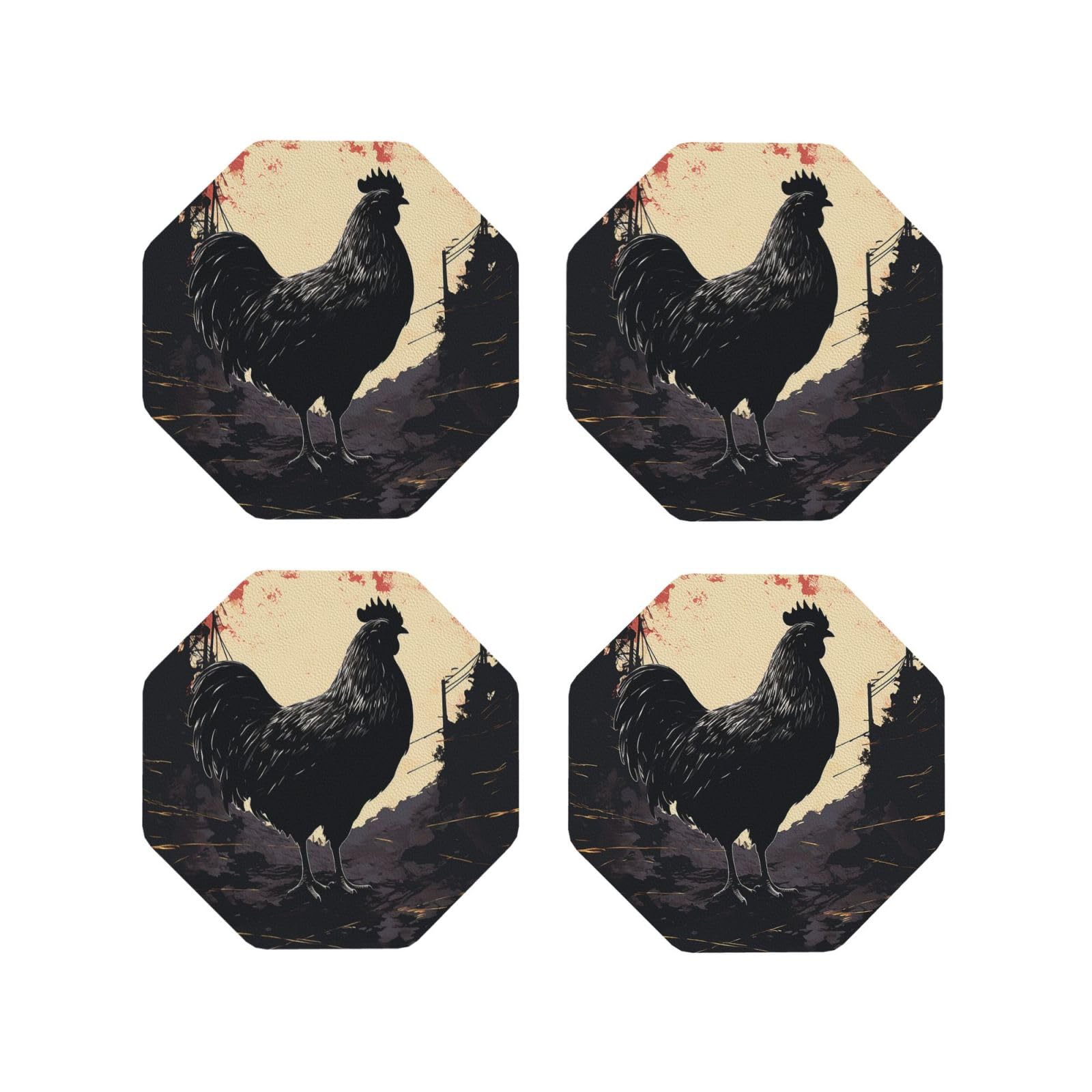 4pcs Drink Coasters for Tabletop Protection, 4" Leather Coasters for Drinks, Farmhouse Chicken Cup Coasters for Coffee Table Decor, Non-Slip Drinking Cup Mat for Hot Or Cold Drink