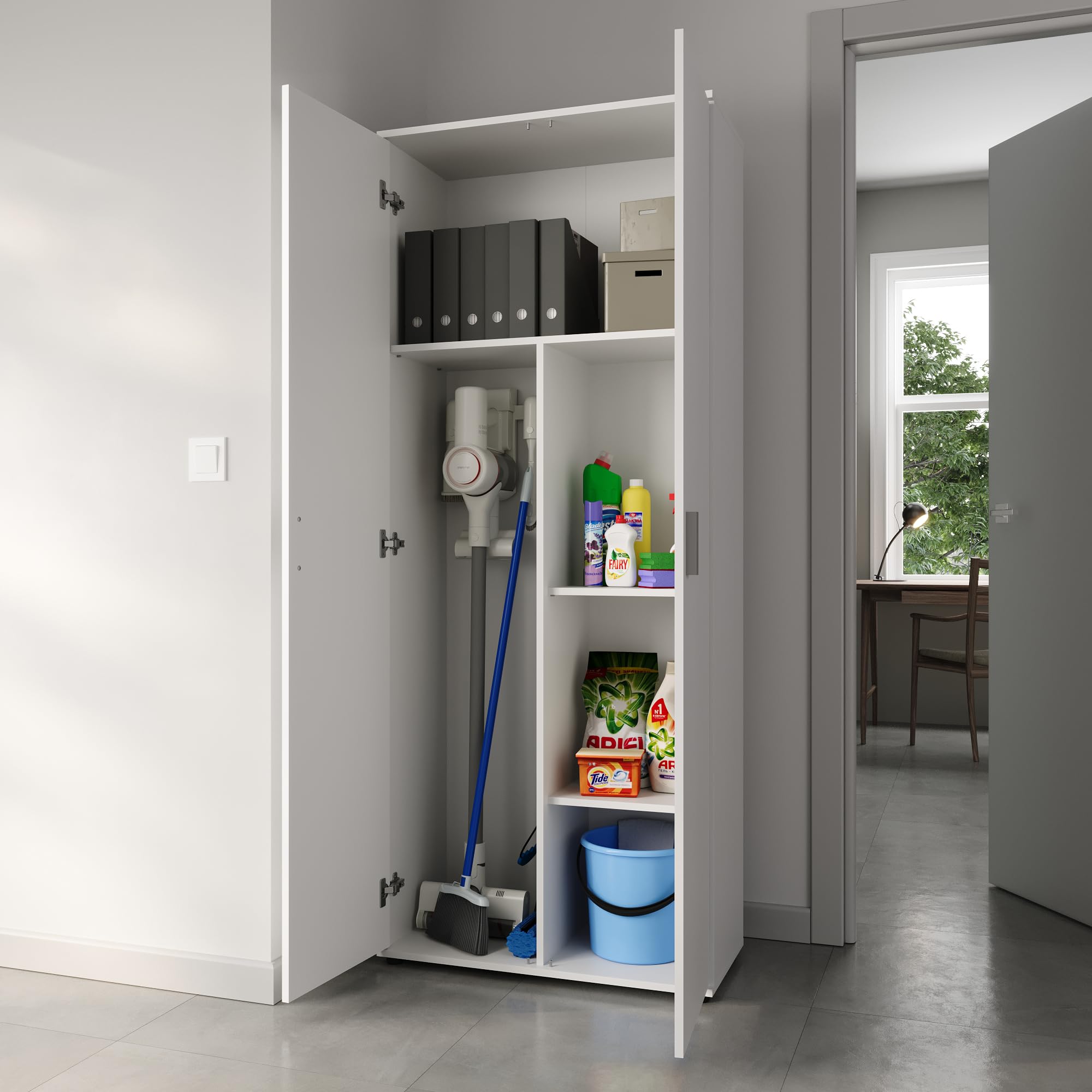 Home Collective Haushaltsschrank 75 cm breit mit Fach für Staubsauger, Putzschrank mit Einlegeböden für Reinigungsmittel, Besen & Wischer, für Hauswirtschaft, Flur & Keller, 75x35x184 cm (BxTxH), Weiß