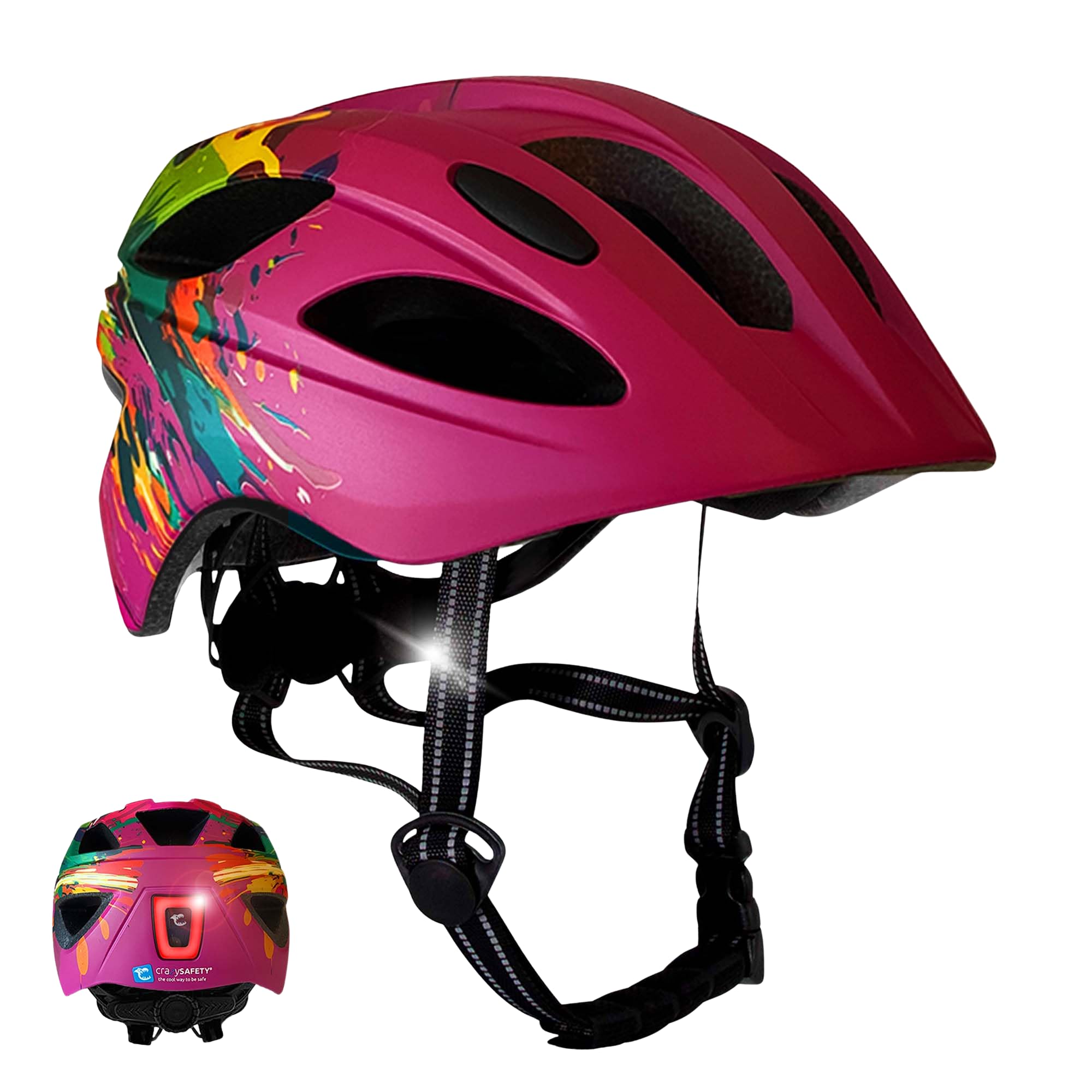 Casco bici bambini splash rosa | Casco bici per bambini di età 6-12 anni, skateboard, MTB, pattini, con imbottiture rimovibili e taglia regolabile |