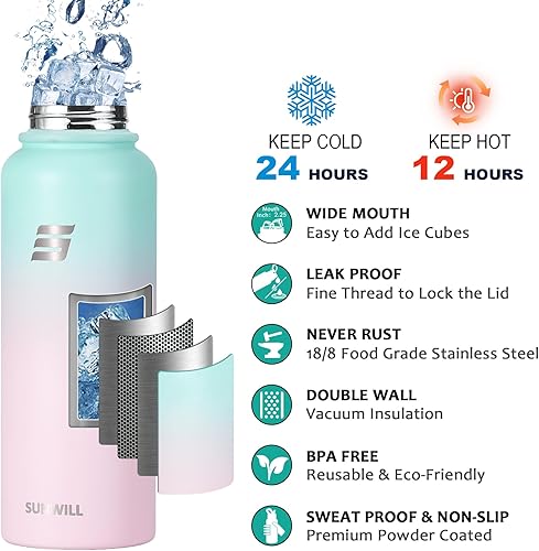 Miniatura 3 de SUNWILL Botella de agua aislada con tapa de popote y bebida, botellas de agua de acero inoxidable de 40 onzas para la escuela, botella de agua de