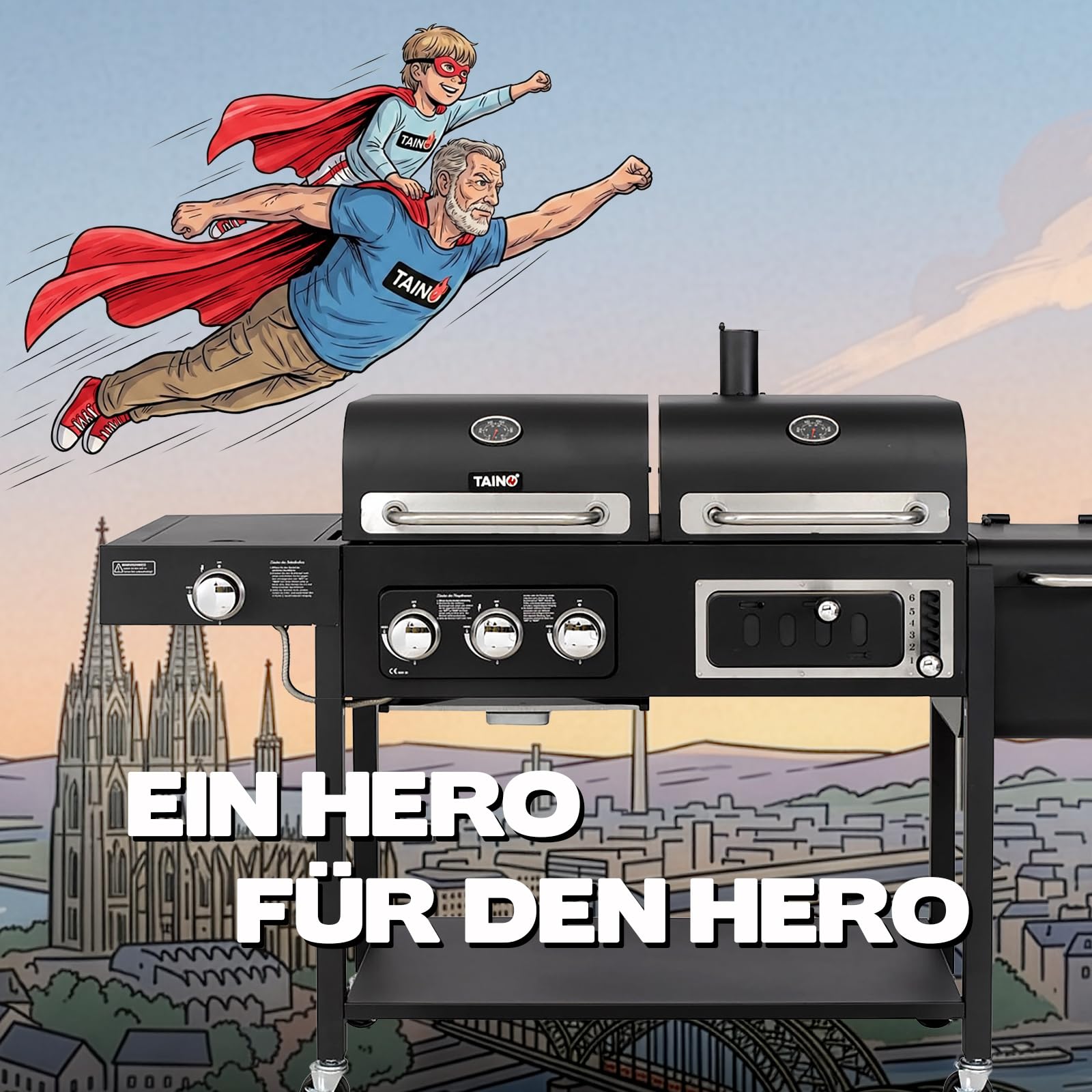 TAINO HERO DUO Gasgrill Holzkohlegrill Smoker Kombigrill Grillwagen 2 in 1 System BBQ Grill Kombistation Gas Kohle schwarz