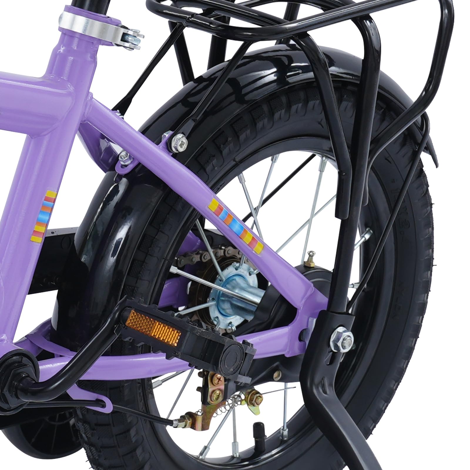 Bicicleta infantil de 14 pulgadas con asiento trasero, cesta ajustable y ruedas estabilizadoras, adecuada para niños y niñas de 3 a 6 años y una estatura de 95 a 115 cm, color morado