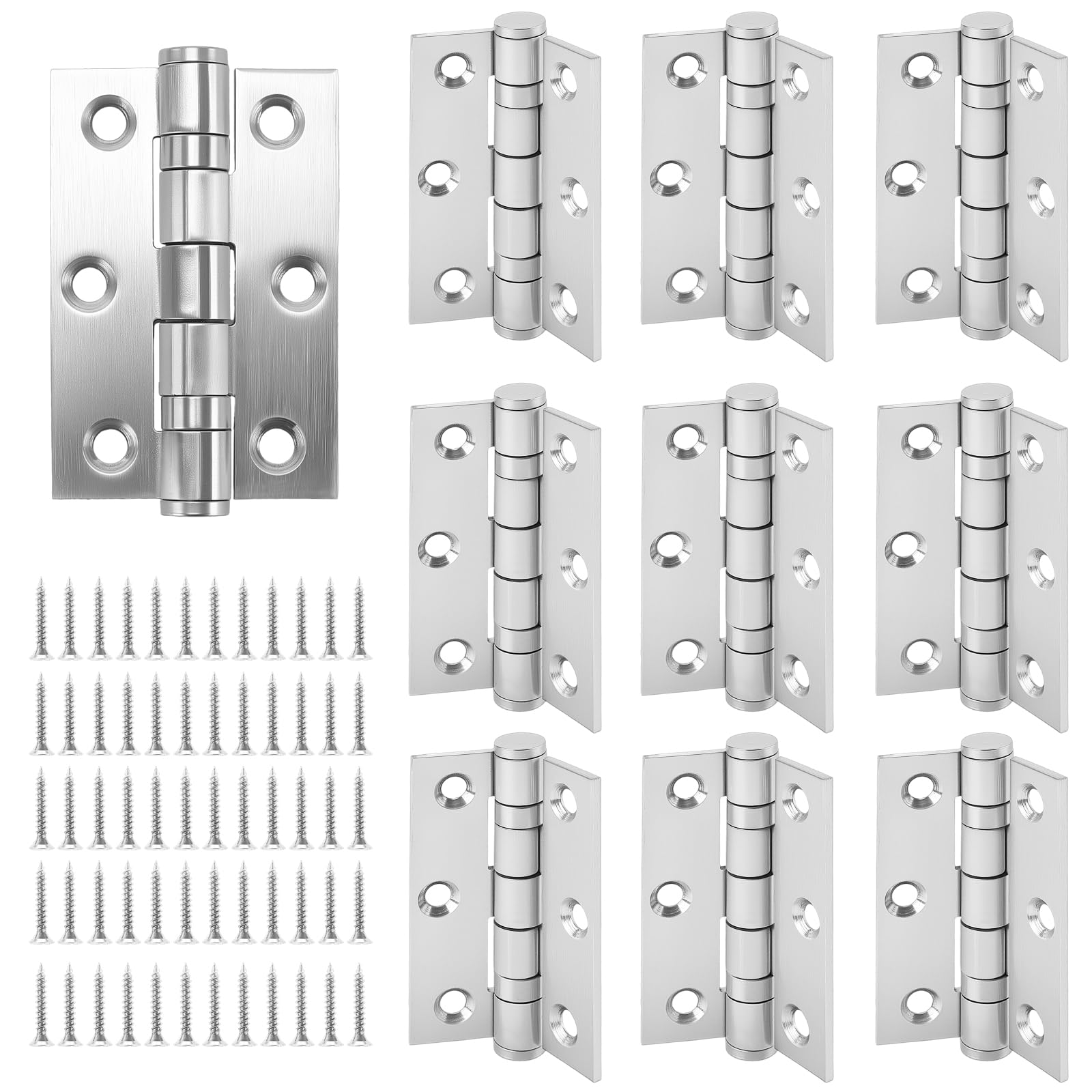 SOUJAP 10 Pcs 3 Inch Door Hinge, 75mm Stainless Steel Ball Bearing Butt Hinges with Screws for Wooden Internal External Doors, Silver