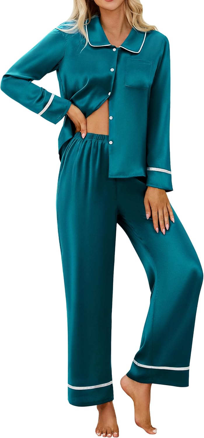 Blooming Jelly Womens Silk Pajama Sets Satin Long Sleeve Lounge SetsFall Matching 2 Piece PJ