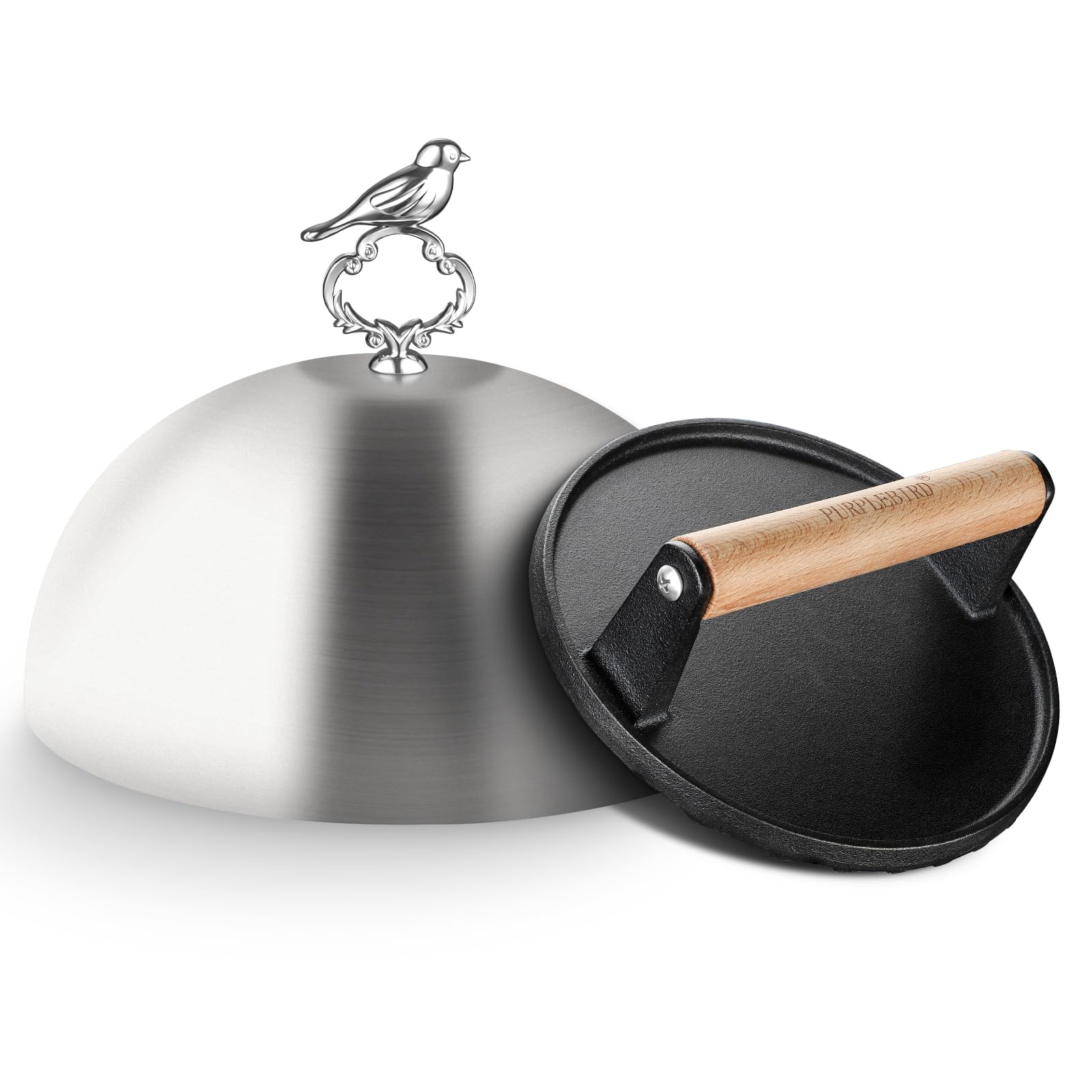 PURPLEBIRD Burgerglocke & Burger Smasher Set, Edelstahl Burgerglocke XL (Ø 24cm) mit Schwerlast Gusseisen Burgerpresse (Ø 17.7cm), Zweiteiliges Burgerpresse Set für Gasgrills, Teppanyaki, Feuerplatte
