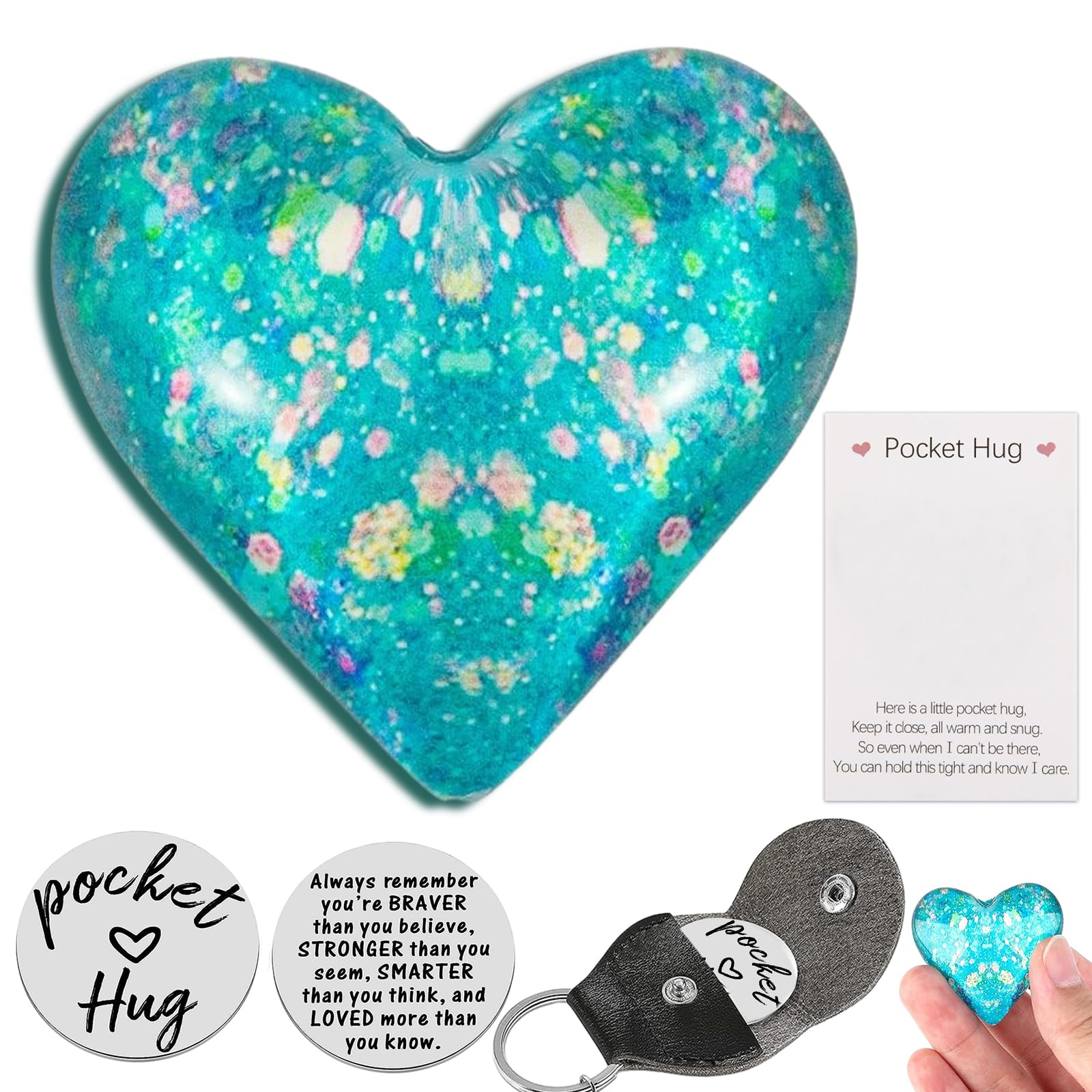 2 Pcs Pocket Hug Heart Set, Pocket Hug Heart for Friends, Pocket Hug Token with Leather Bag, Thinking of You Gift, Keepsake Gift for Long Distance Christmas Anniversary Lover Valentines Day