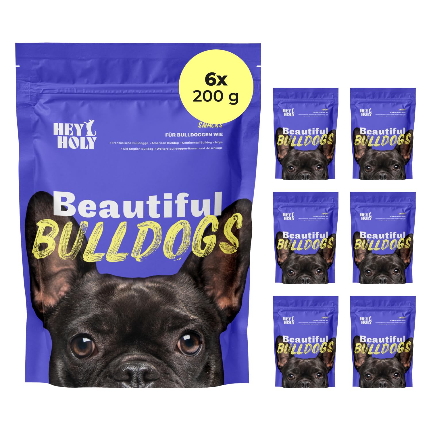 HEY HOLY Premium Hundeleckerlis für Bulldogen 100% getreidefrei | Hunde Snacks | 6 x 200 g Leckerli für ausgewachsene Bulldogen mit Lachs | Hochverträglich aus natürlichen Zutaten