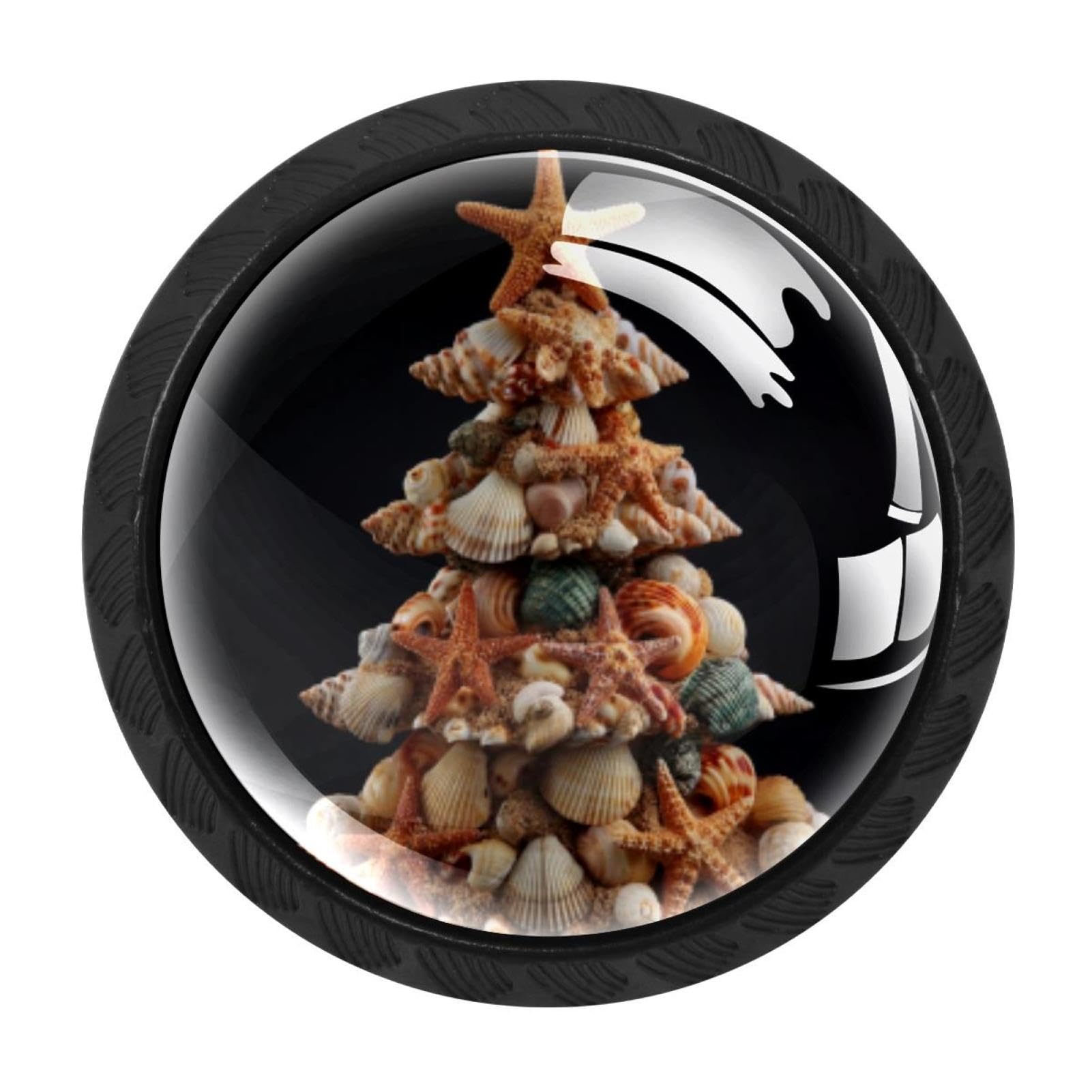 CHENZZZZ 4 Pack Drawer Knobs, Black Handle Dresser Drawer Pulls, Round Decoration Cabinet Hardware Pulls with Screws for Kitchen Cupboard Wardrobe, Christmas Tree Beach Seashells Starfish