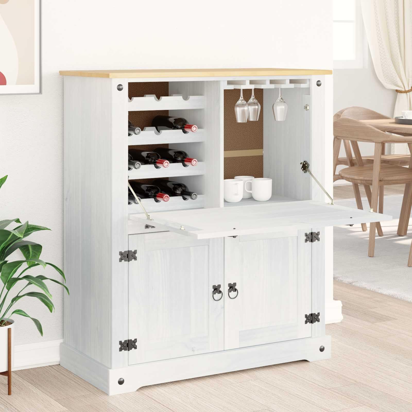 Szafka na wino biała z litego drewna sosnowego, 97 x 45 x 114 cm, z dużą ilością miejsca do przechowywania, rustykalnym urokiem, matową powierzchnią do salonu, jadalni i baru domowego