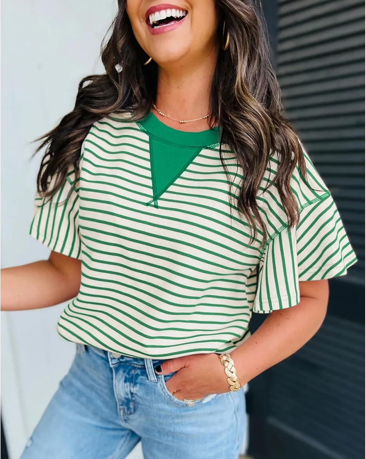 Women's Summer Striped Ruffle Short Sleeve Tops Contrast Colorblock 2025 Round Neck Loose Fit Cute Casual Top Blouse - Image 2