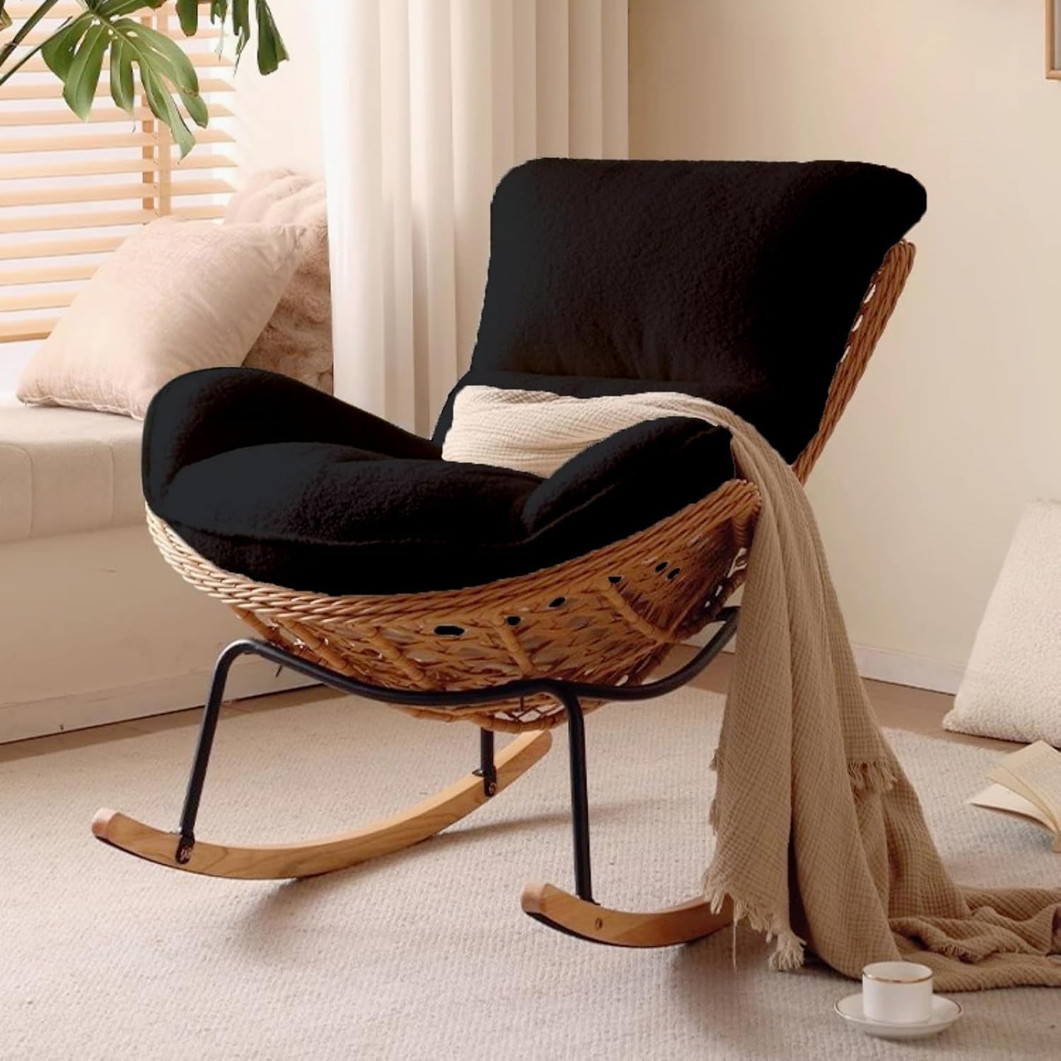 BYGSBKDP 2026 NEW! Upgrade Edition | Handmade Rattan Weaving Rocking Chair – Comfy Lobster Lounge Chair Teddy Upholstered Glider Nursing Chairs for Adults, Ideal for Living Room or Bedroom (Grey)
