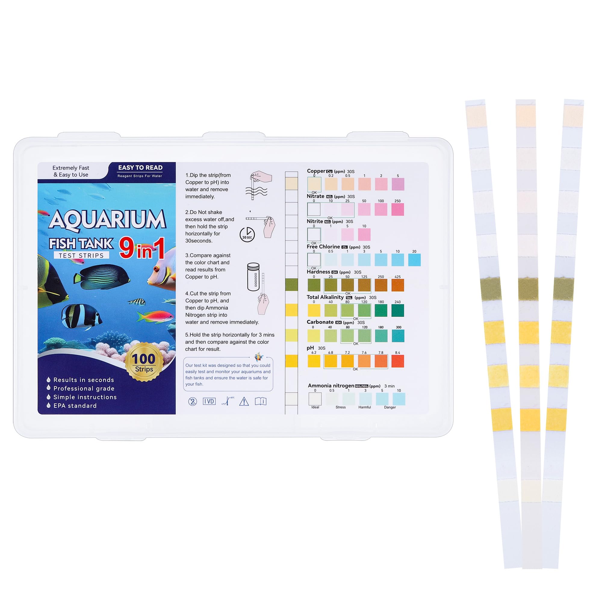 100 Pièces 9 en 1 Bandelettes de Test pour Aquarium, Test d'eau pour Aquariophilie, Bandelettes Test pour Ammoniac Azote Nitrate Chlore Libre Ph Nitrite Dureté Carbonatée Alcalinité Totale Cu
