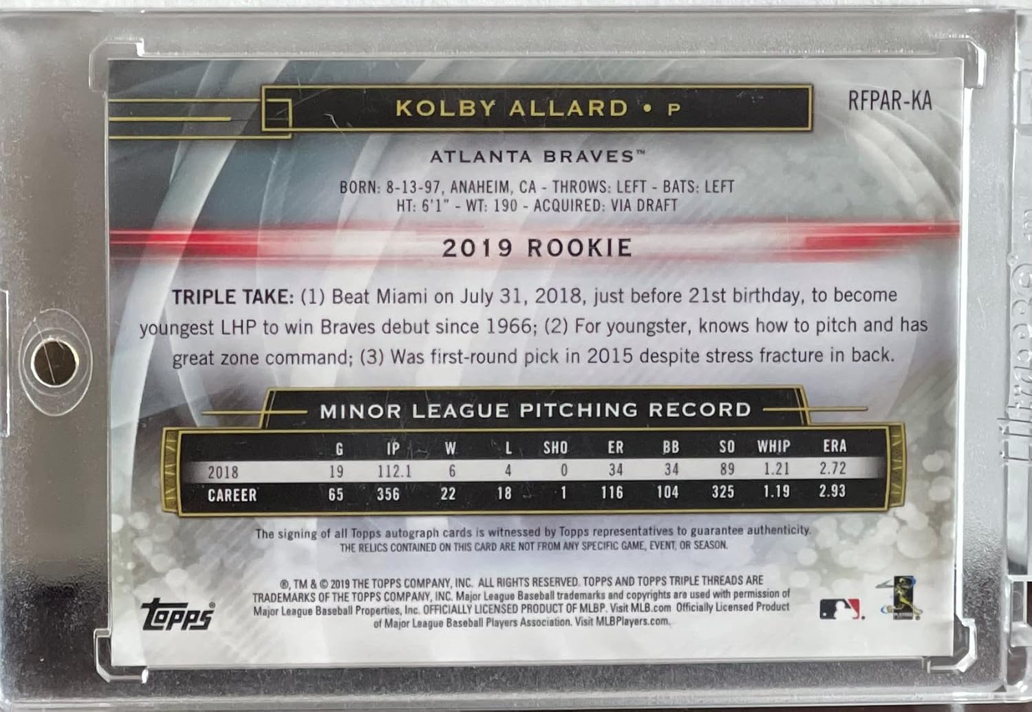 Kolby Allard Autographed & Serial Numbered #17/50 Emerald Parallel Rookie Future Phenom Autographed Relic Game Used Memorabilia Collectible Baseball Card - 2019 Topps Triple Threads Collectible Baseball Card #RFPAR-KA (Braves)) Free Shipping