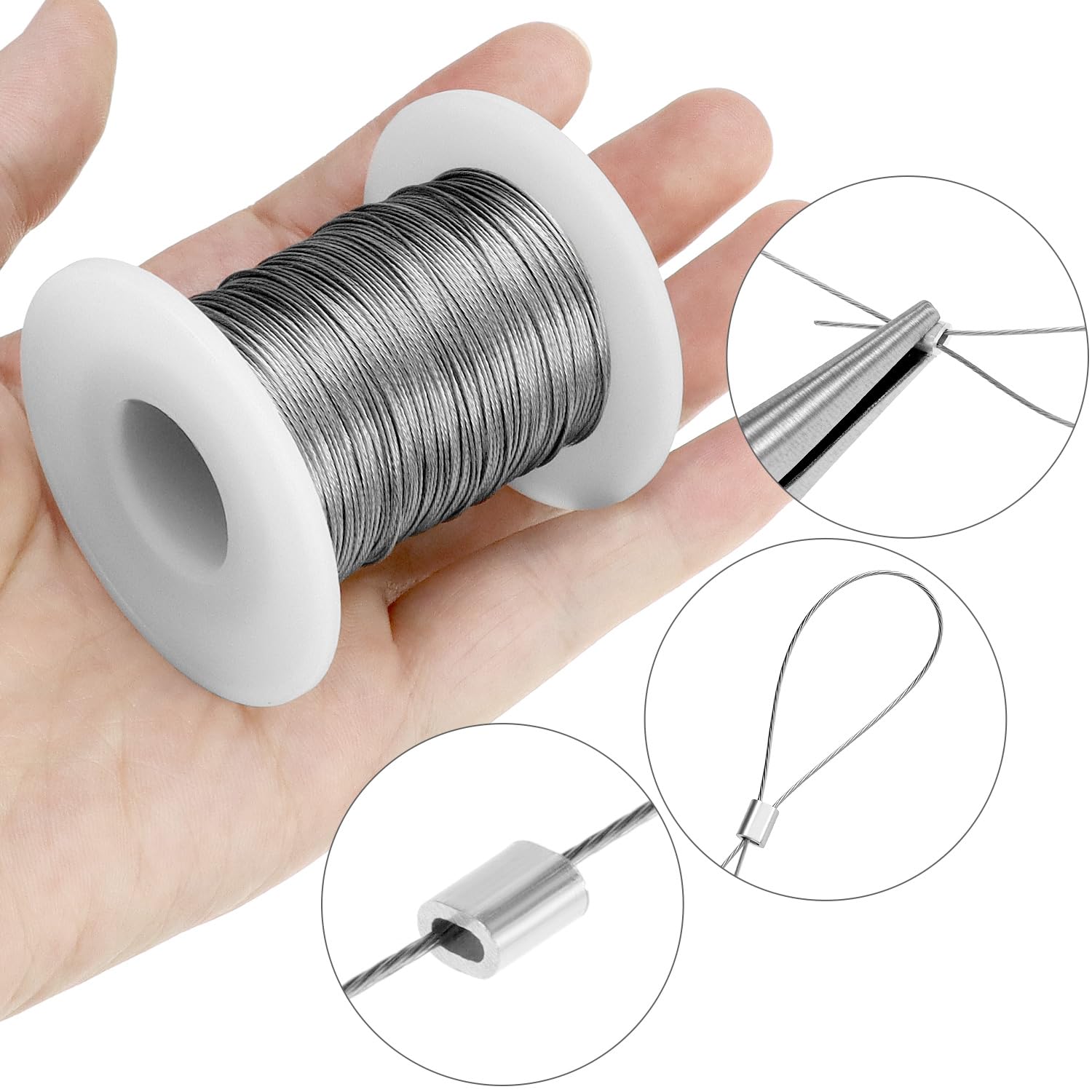 QWORK Drahtseil 100 m, 0,5 mm 304 stal szlachetna ramka na zdjęcia drut wiszący z 30 aluminiowymi zaślepkami zaciskowymi, do ramek na zdjęcia, lustra
