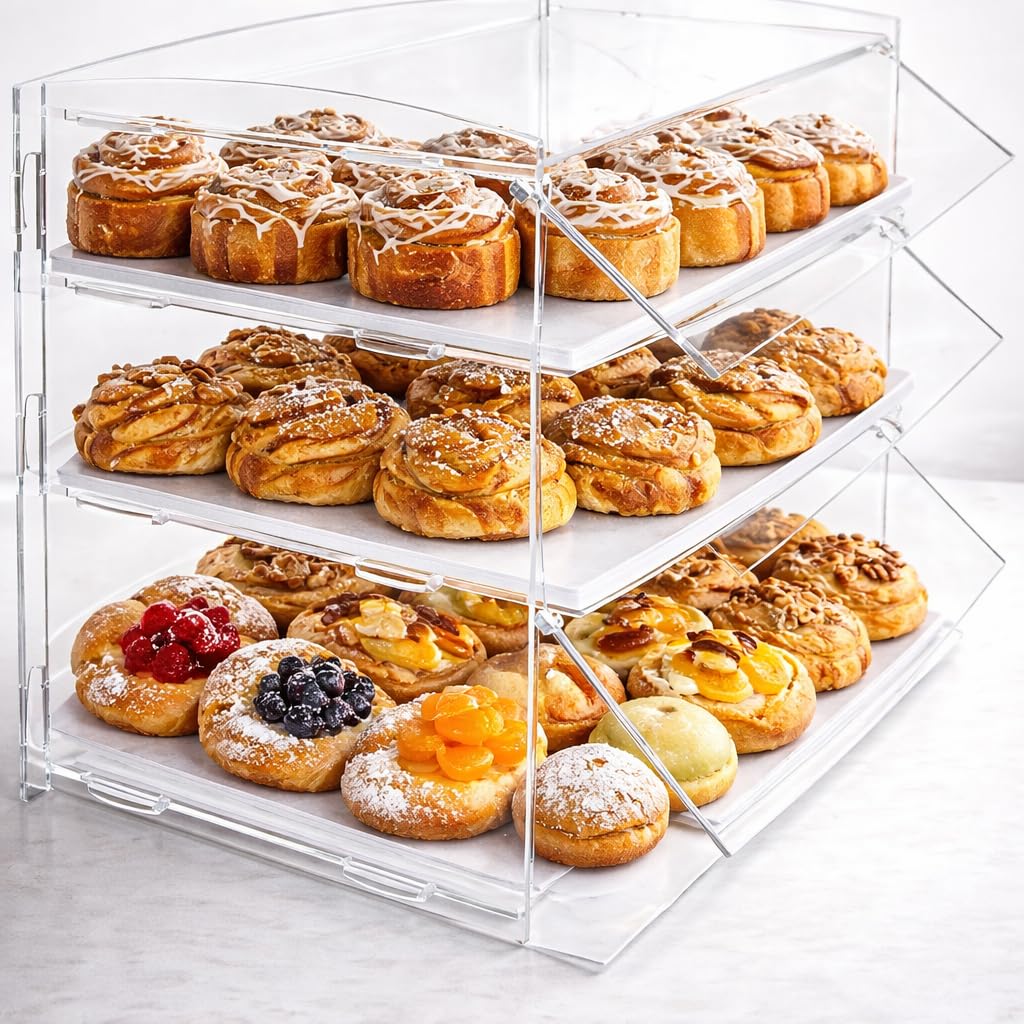 Completeshopfittings Transparent Acrylic Bakery Pastry Display Case Stand Cabinet Cakes Donuts Cupcakes Pastries (3 - Tier)