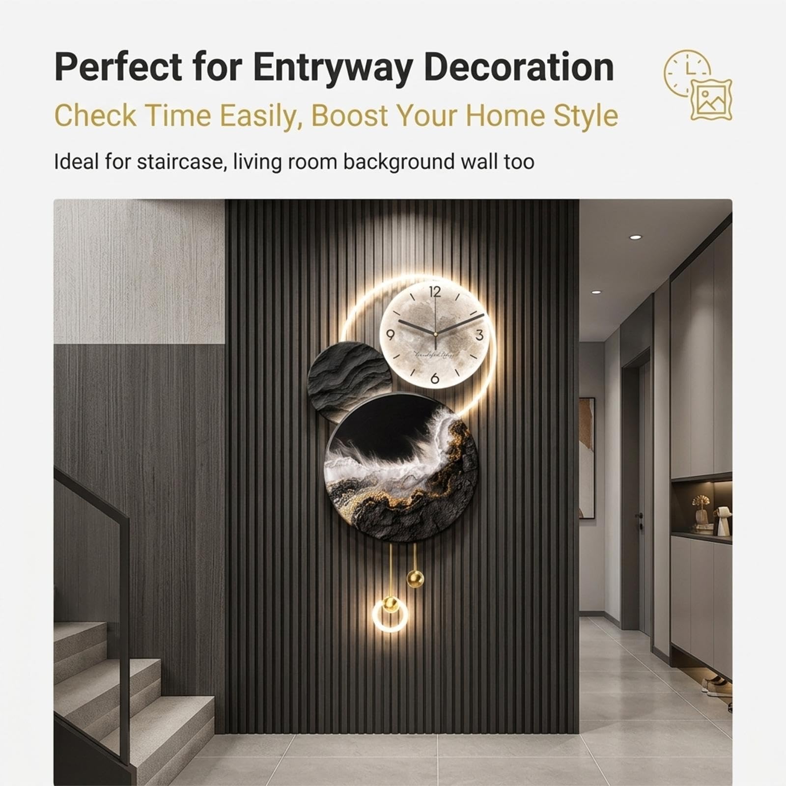 Orologio da Parete 3D LED Moderno, Decorazione Murale Luminosa Elegante | Orologio moderno 3D, luce LED integrata, design artistico in porcellana, silenzioso(B,33.5in*15.7in)