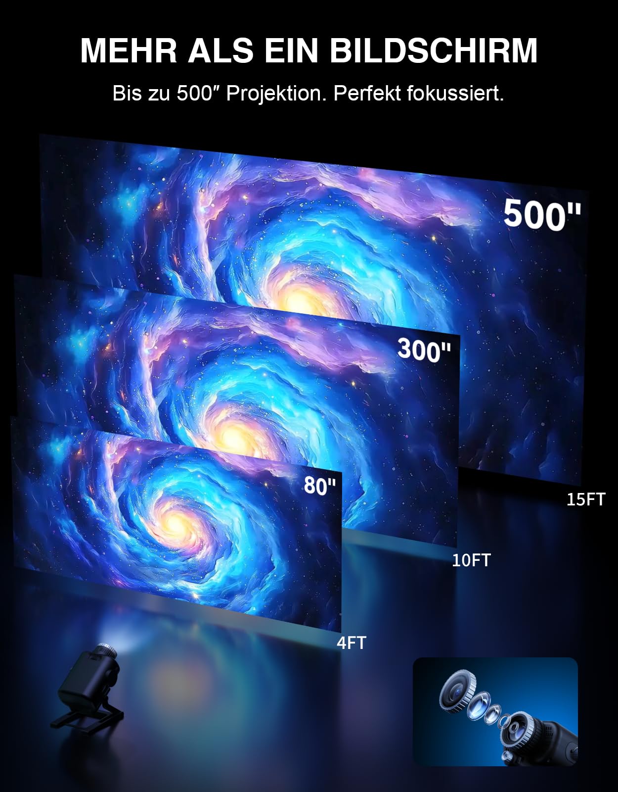 3D Galaxie Projektor mit Sternenhimmel und Bluetooth-Lautsprecher, 60 integrierte HD-Szenen ohne Projektionsscheiben, Fokus, weißes Rauschen, Fernbedienung, Nachtlicht fürs Schlafzimmer