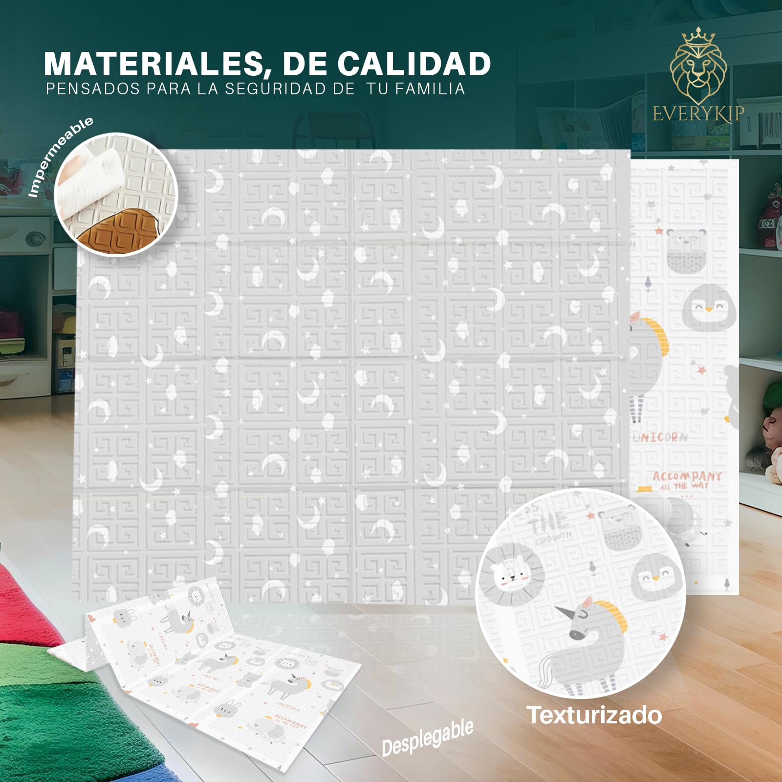 EveryKip® Alfombra Bebe Acolchada Plegable 180x200 Unicornio (1,5Cm Grosor) | Doble Cara Colchoneta Suelo Muy Acolchada Incluye Bolsa Accesorio Premium Freidora Aire (Unicornio/Carretera)