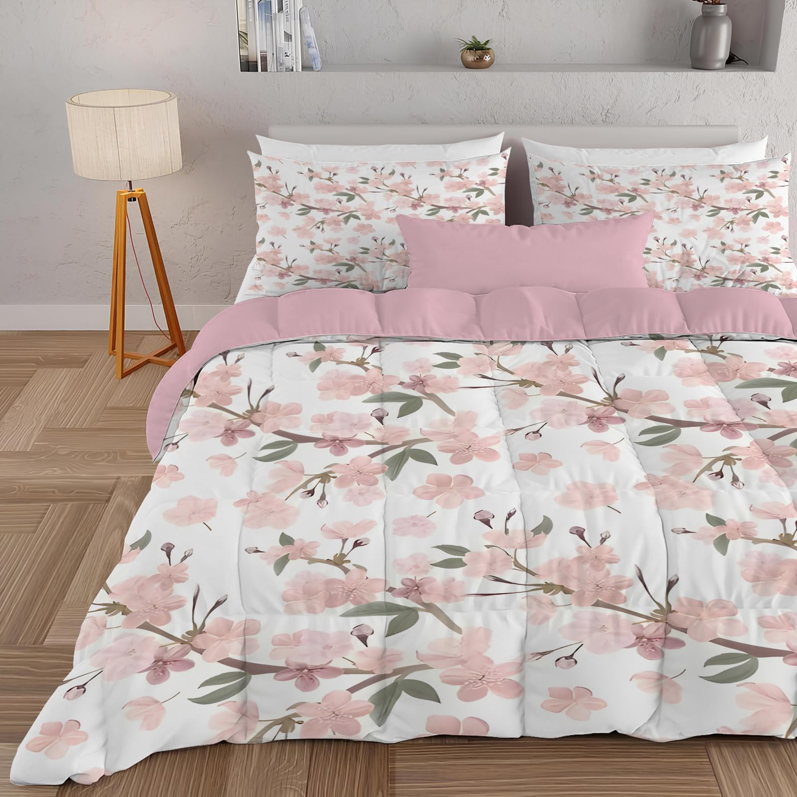 Dyausi Pink Double Duvet - Coverless Duvet With Matching Pillowcase - Reversible Printed Duvet With Flowers Pattern - Lightweight And Washable Duvet Double - Double 200X200cm