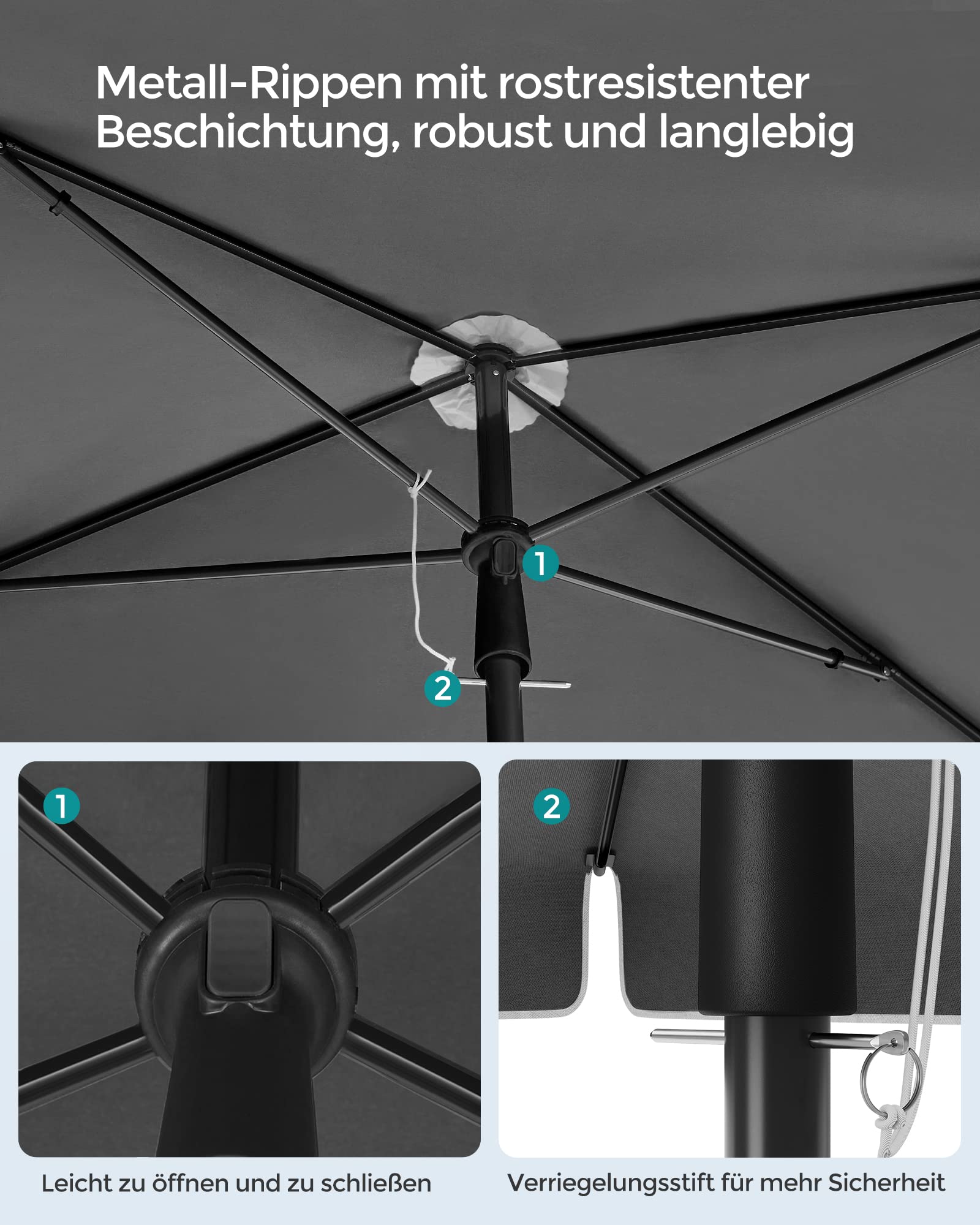 SONGMICS Sonnenschirm 200 x 125 cm, Balkonschirm UPF 50+, Sonnenschutz, beidseitig um 30° knickbar, höhenverstellbar, mit Aufbewahrungstasche, für Garten, Terrasse, ohne Ständer, grau GPU25GY