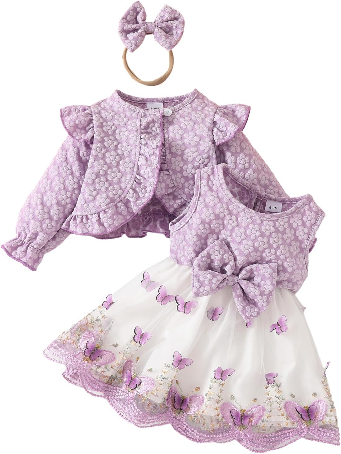 OBEEII Toddler Girl Floral Embroidered Tutu Dress Elegant 3D Butterfly Tulle Dress+Long Sleeve Cardigan Bolero Shrug+Headband